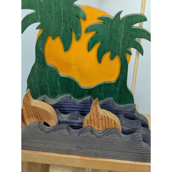 Vintage Wooden Automaton Hand Crank Wood Toy Decor Dolphin Sunset Palm Trees - Picture 2 of 14
